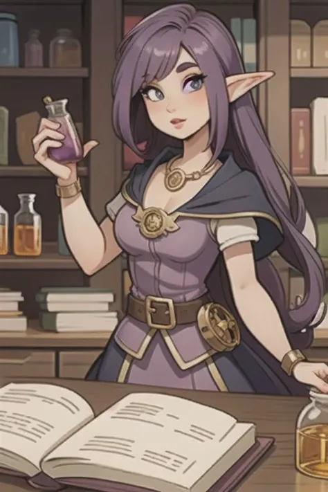 masterpiece, best quality ,1girl,Female, Elven, Alchemist, Making Potion, Steampunk, Lab, Science, Fantasy, lab background, bookshelves in the background, long purple hair