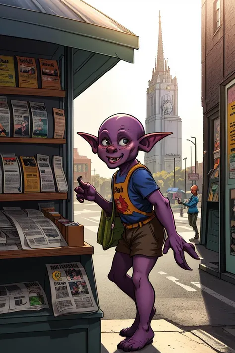 (best quality, masterpiece, beautiful and aesthetic, colorful, dynamic angle) At a street corner, a short (goblin) newsstand owner sells a newspaper to passing citizen in the early afternoon, (hyper realism, soft light, dramatic light, sharp, HDR, official art, extreme detail, highest detail)