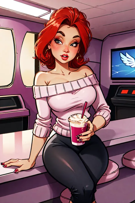 (edgQuality:1.2), (8k, best quality, intricate details, ultra high res, masterpiece, extremely detailed, cinematic light:1.4), (uhd, sharp focus, digital art:1.0), BREAK
Object: A pin-up model sitting at the counter, , fFaceDetail, SkinDetail, HairDetail, EyeDetail, fHandDetail, (pin-up makeup, winged_eyeliner, red lipstick:1), Pageboy hairstyle, BREAK
Outfit: Sweater Girl Look: Fitted sweaters, sometimes off-the-shoulder, paired with pencil skirts or capri pants, showcasing a more casual yet alluring style., BREAK
Place: a playful pin-up scene set in a retro 50s diner, sipping on a milkshake and winking at the camera while a jukebox plays in the background, BREAK
<lora:flat2:-1>, <lora:add_detail:0.5>, <lora:more_details:0.5>, <lora:flatBG:-1>, <lora:test003_2:-0.5>, From top, <lora:ShadmanStylev2:0.6>, <lora:PinupStyle:0.0.8>, retro-pinup