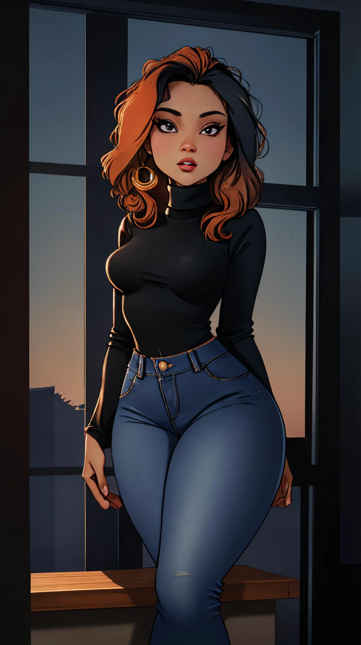 DEN_rebz_SG, looking at viewer, (black turtleneck, blue denim jeans), beautiful perfect body, highres, masterpiece, perfect lighting, bloom, cinematic lighting, kkw-ph1, <lora:LowRA:0.6>