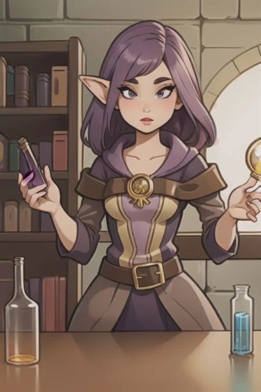 masterpiece, best quality ,1girl,Female, Elven, Alchemist, Making Potion, Steampunk, Lab, Science, Fantasy, lab background, bookshelves in the background, long purple hair