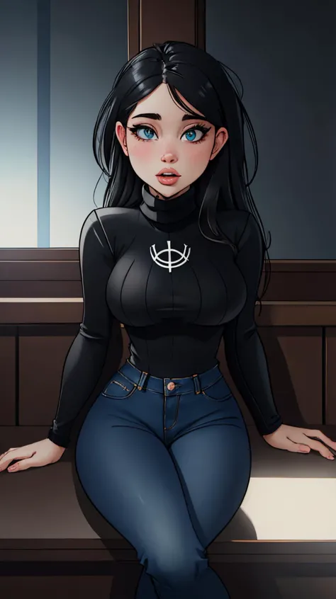 DEN_voly_SG, looking at viewer, (black turtleneck, blue denim jeans), hair behind ears, beautiful perfect body, highres, masterpiece, perfect lighting, bloom, cinematic lighting, kkw-ph1, <lora:LowRA:0.6>