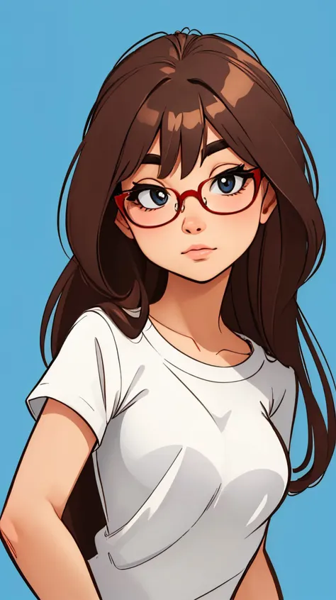IRL-Pink, glasses, solo, long hair, looking at viewer, blue background, brown hair, simple background, closed mouth, upper body,