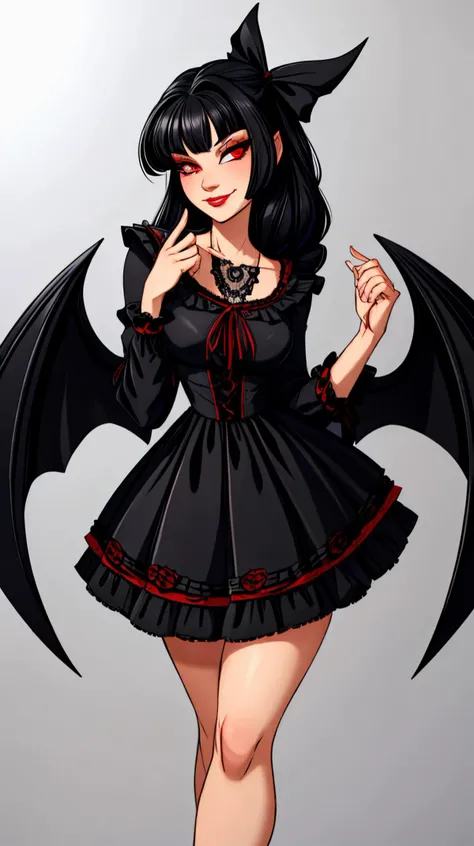 highres, (masterpiece:1.2), (best quality, highest quality), black hair, red eyes, GothGal, wearing a GothGal outfi, dress, ribbon, frills, smug, smirk, hands behind back, Beautiful long legs, beautiful body, Beautiful Nose, Beautiful character design,perfect hands, perfect fingers, perfect eyes,perfect face, wallpaper,perfect lighting, Colorful,ultra highres, 8K, HDR,
<lora:add_detail:1>,
<lora:edgGothGal_MINI:1>