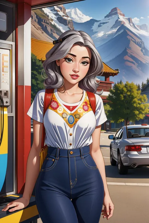 1girl, mundane studio shot of, insane details, Plum, Silver and Slate ([Lijiang|Ukraine]:1.3) from inside of a Gas station, it is very [Touching|Captivating] and lower class, crowded trees and mountains, at Dawn, (designed by Joyce Reopel:1.3) , (Joseph Ducreux:0.9) , Realistic, Awe, kalighat, spotlit, F/8, Kodak Ektar, Swirling, National Geographic, 4K, ultra high res