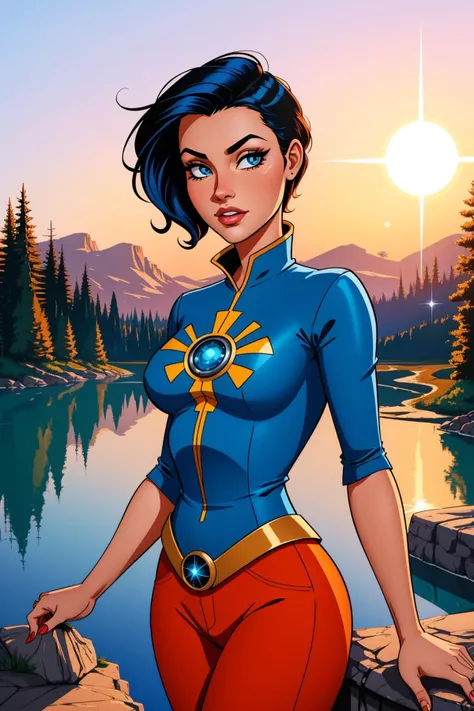 1girl, (sci-fi art stylized by Barclay Shaw:1.0) and (Eva Rothschild:1.2) , vibrant Airbrush painting, Light, cinematic shot of a Zany Drab 30 y.o. large traditional Hip-Hop (Girl of Grace:1.3) , she is holding hands with Brianna Hildebrand, she mood is very dark, the Girl is Bathing in a Laguna, award winning, she is wearing her Comely casual outfit, The casual outfit is inspired by the Harry Potter  student and Red Dead Redemption game, her hair is traditional Steerage and styled as Side part, she has a [Distinguished:Glib:10] traditional Czech electric orange wedding ring, Deserted Copper Eyes, Silver cityscape with Pine tree, at Midday, soft focus, Awe, Brutalist, Sun Rays, 800mm lens, Electic Colors, Magic the gathering, Light sparkles, matte skin, charming Sapphire eyes, 4K, Unsplash