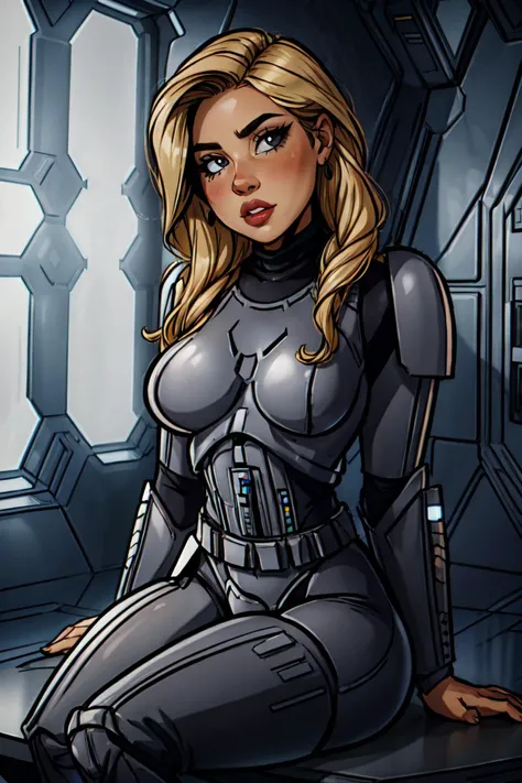 (1girl), ((blonde hair, grey eyes, full lips)), ([:revealing costume design:0.2], stormtrooper, armor, white), ((Sitting, leaning on one hand):1.3), (head tilt, parted lips), (science fiction, scenery), cameltoe, volumetric lights, Ultra HD, official art, Perfect Hands, HairDetail, SkinDetail, OverallDetail,<lora:add_detail:0.8> <lora:balanced lighting image enhancer v1.04:0.8> <lora:backlight_slider_v10:-1.5>  <lora:Stormtrooper:1> <lora:Sexy-Danish:0.8> <lora:sci-fi-v1.2:0.6>