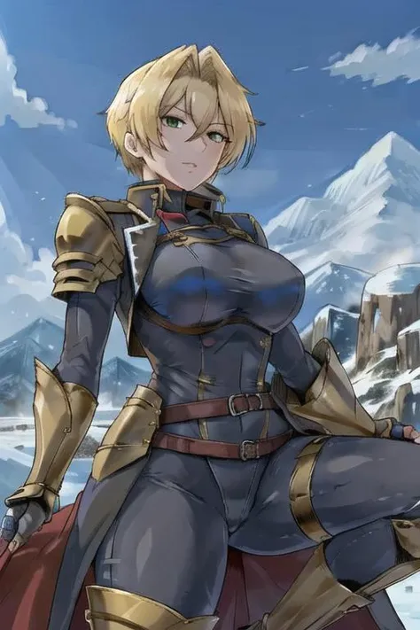 masterpiece, best quality, detailed face,  detailed eyes, <lora:HUSasha:0.5>, HUSasha, blonde hair, large breasts, green eyes, outdoors, fantasy, mountain,  <lora:KnightsInTheNightmare:0.4>, ((military uniform,)) armor, pants, (trench coat,) gauntlets, armored boots,  <lora:cts_a3:0.4>, contrapposto,