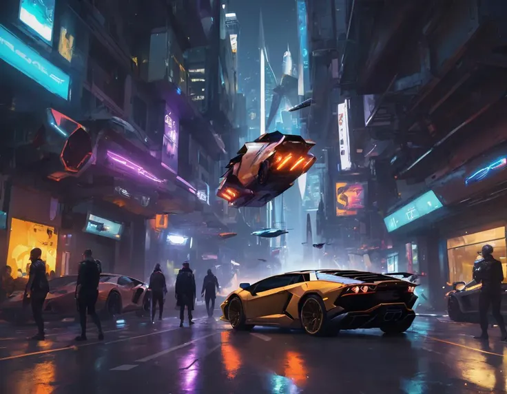 <lora:wkas:0.4>wkas, lights, city, street, cones, cars, spaceships, people, flying lamborghini, cyberpunk