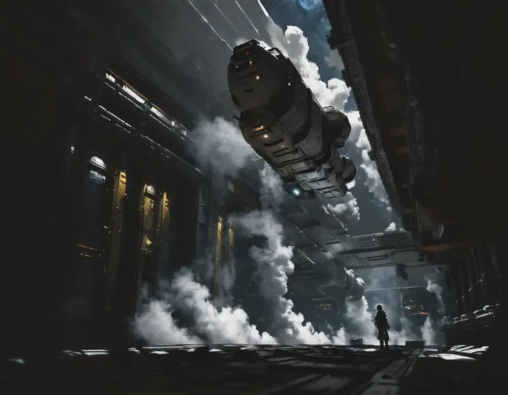 <lora:wkas:0.6>wkas, spaceship, docking bay, person, smoke, stars in sky, cyberpunk
