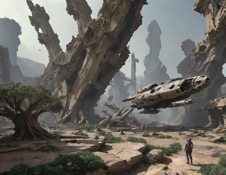 <lora:wkas:0.4>wkas, outdoors, people, plants, stone, spaceships, dead trees, massive technological ruins