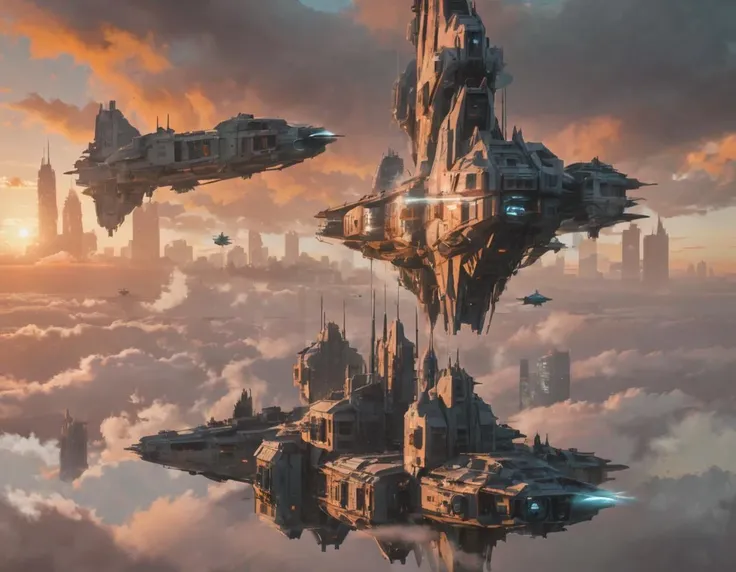 <lora:wkas:0.6>wkas, floating spaceship with smaller spaceships, clouds, masterpiece, fucking insane detail, whoa!!!!!!!!! city in the sky, sunset, towers, cyberpunk
