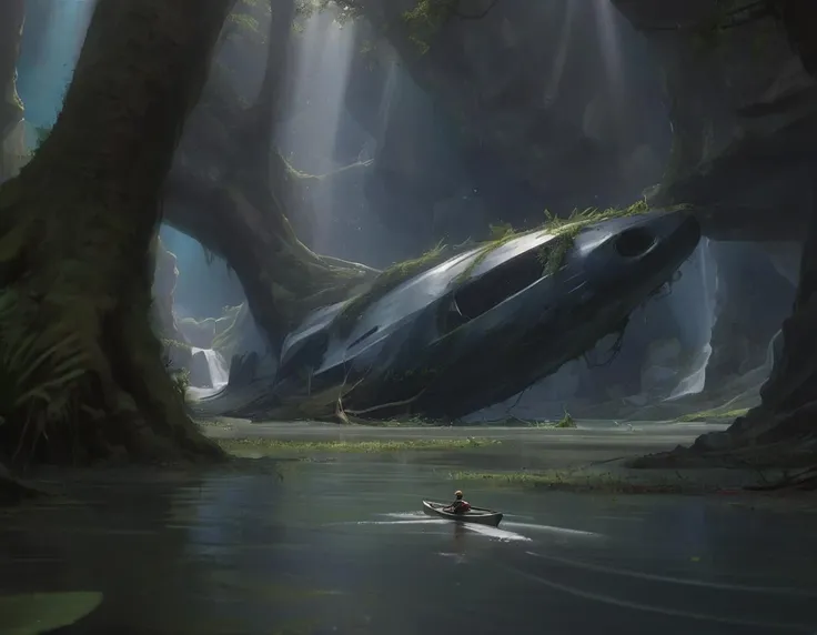 <lora:wkas:0.6>wkas, crashed spaceship, trees, plants, water, person in canoe, canyon, light