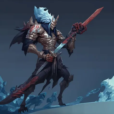 <lora:hu4lu:1>hu4lu samurai with claws holding overly large sword with a knights head blue background