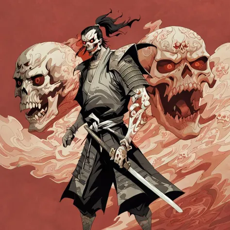 <lora:hu4lu:1>hu4lu samurai with evil face holding sword redbackground