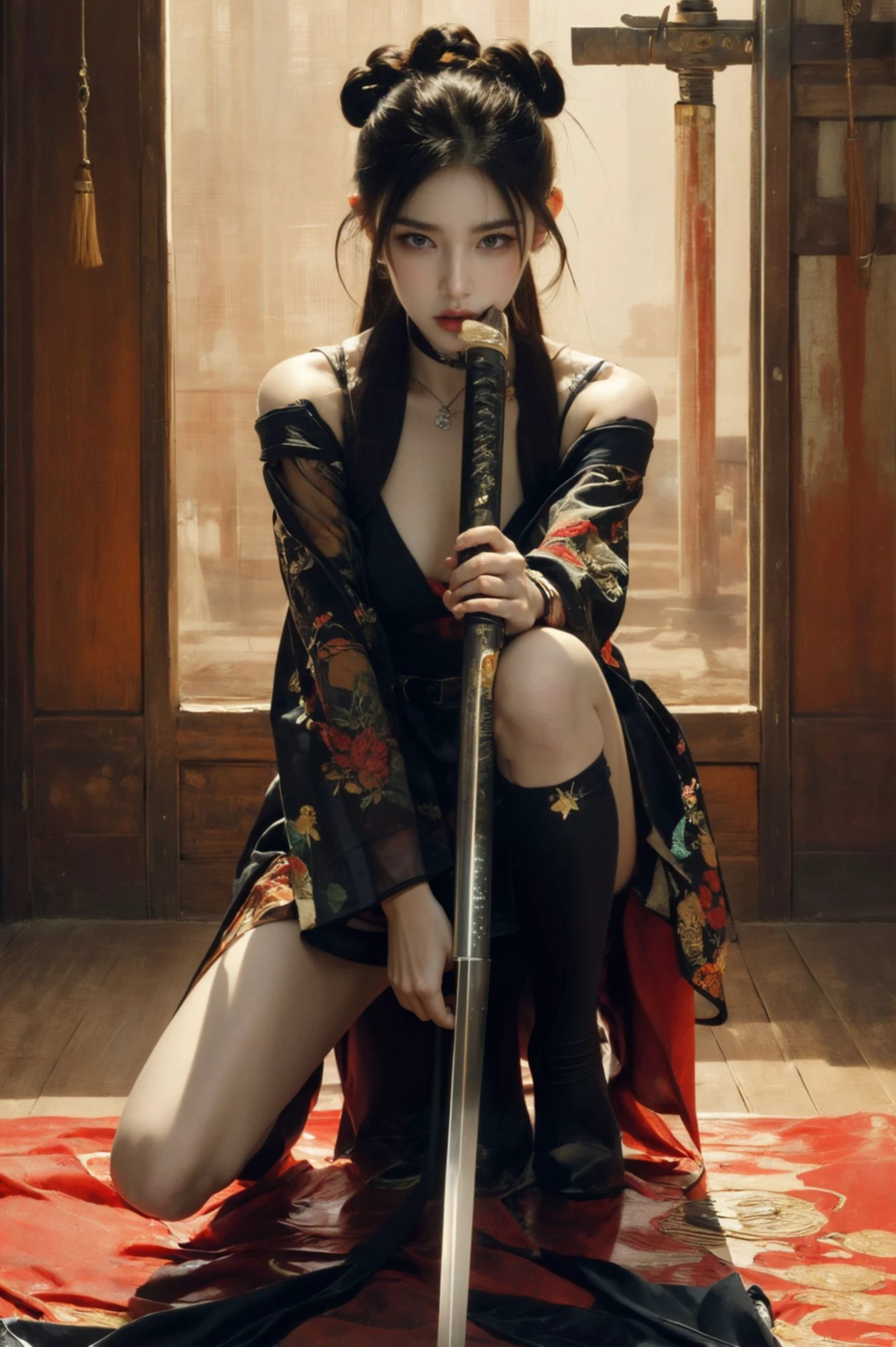 ultra high resolution,((masterpiece))),(((best quality))),((super detailed)),((extremely delicate and beautiful)),
xuer ai yazawa style girl,1girl,solo,holding,black hair,katana,holding weapon,one knee,long hair,blue eyes,looking at viewer,wide sleeves,closed mouth,
(disgust:1.3),(full body:1.4),
<lora:~Q?-kfX\YsV2 xuer ai yazawa style girl:0.8>,