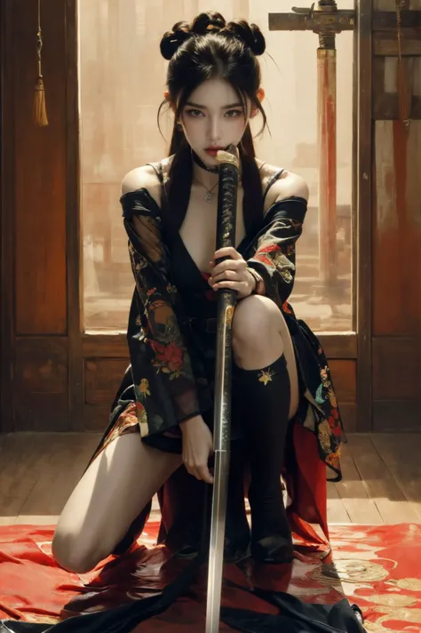 ultra high resolution,((masterpiece))),(((best quality))),((super detailed)),((extremely delicate and beautiful)),
xuer ai yazawa style girl,1girl,solo,holding,black hair,katana,holding weapon,one knee,long hair,blue eyes,looking at viewer,wide sleeves,closed mouth,
(disgust:1.3),(full body:1.4),
<lora:~Q?-kfX\YsV2 xuer ai yazawa style girl:0.8>,