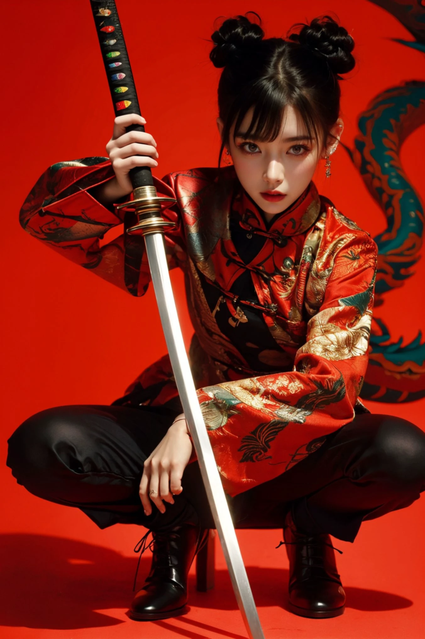 ultra high resolution,((masterpiece))),(((best quality))),((super detailed)),((extremely delicate and beautiful)),
xuer ai yazawa style girl,1girl,solo,black hair,hair bun,chinese clothes,holding,holding weapon,double bun,bangs,blunt bangs,one knee,looking at viewer,jewelry,earrings,red background,long sleeves,eastern dragon,katana,closed mouth,black pants,dragon,black footwear,
(disgust:1.3),
<lora:~Q?-kfX\YsV2 xuer ai yazawa style girl:0.8>,