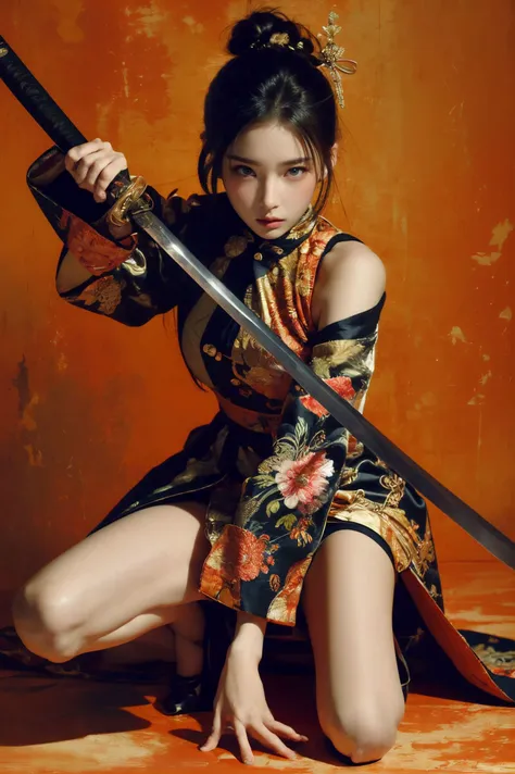 ultra high resolution,((masterpiece))),(((best quality))),((super detailed)),((extremely delicate and beautiful)),
xuer ai yazawa style girl,1girl,solo,holding,black hair,katana,holding weapon,one knee,long hair,blue eyes,looking at viewer,wide sleeves,closed mouth,
(disgust:1.3),(full body:1.2),
<lora:~Q?-kfX\YsV2 xuer ai yazawa style girl:0.8>,