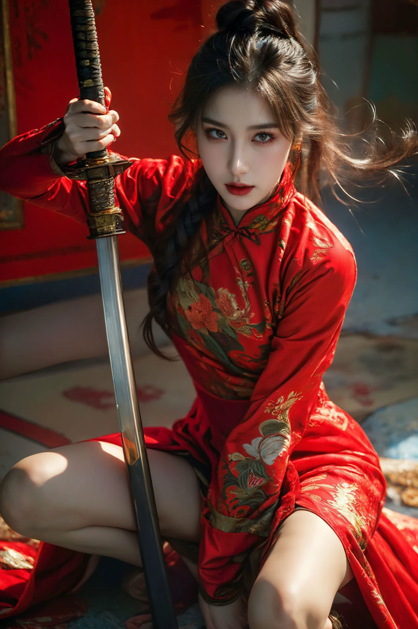 ultra high resolution,((masterpiece))),(((best quality))),((super detailed)),((extremely delicate and beautiful)),
xuer ai yazawa style girl,1girl,solo,holding,long hair,holding weapon,chinese clothes,black hair,dress,looking at viewer,one knee,red dress,long sleeves,side slit,china dress,closed mouth,makeup,red lips,squatting,thighs,bare legs,lips,breasts,eyelashes,katana,grey eyes,
(disgust:1.3),
<lora:~Q?-kfX\YsV2 xuer ai yazawa style girl:0.8>,
