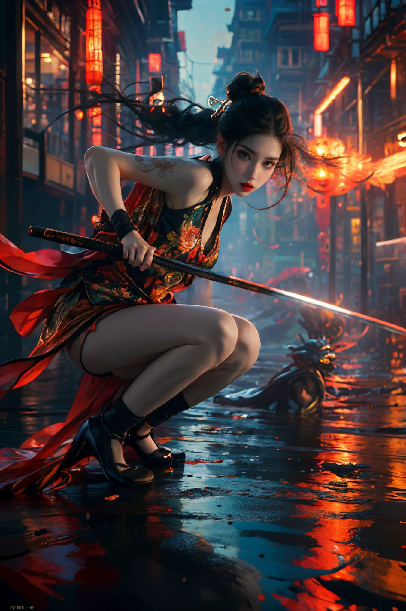 ultra high resolution,((masterpiece))),(((best quality))),((super detailed)),((extremely delicate and beautiful)),(wide shot, wide-angle lens,Panoramic:1.2),super vista,super wide Angle,Low Angle shooting,super wide lens,highly detailed,(masterpiece, top quality, best quality, official art, beautiful and aesthetic:1.2),(fractal art:1.2),
xuer ai yazawa style girl,1girl,solo,holding weapon,katana,floral print,looking at viewer,fighting stance,eastern dragon,braid,floral print,Ink,ink splatter,
(disgust:1.3),(full body:1.4),A shot with tension,(sky glows yellow,Visual impact,giving the poster a dynamic and visually striking appearance:1.2),Chinese Zen style,impactful picture,
<lora:~Q?-kfX\YsV2 xuer ai yazawa style girl:0.8>,