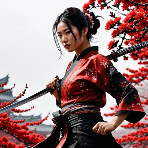 ultra high resolution,((masterpiece)),(((best quality))),((super detailed)),((extremely delicate and beautiful)), (wide shot, wide-angle lens,Panoramic:1.2), super vista, super wide Angle, Low Angle shooting, super wide lens,
xuer ai yazawa style girl, 1girl ,solo, holding weapon, katana, floral print black flowers against crimson red ,looking at viewer, fighting stance, eastern dragon, braid, floral print Black Flowers against Crimson Red, Ink, ink splatter,
(disgust:1.3), (full body:1.4), A shot with tension, (sky glows red, Visual impact, giving the poster a dynamic and visually striking appearance:1.2), Chinese Zen style, impactful picture, <lora:xuer ai yazawa style girl:1>, <lora:JuggerCineXL2:1> Movie Still, Film Still, Cinematic, Cinematic Shot, Cinematic Lighting