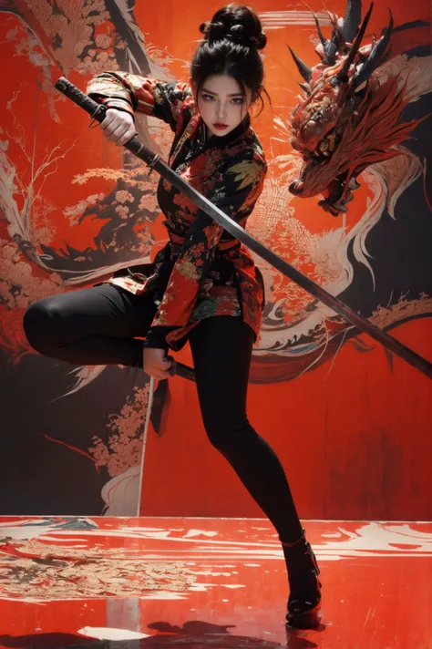 ultra high resolution,((masterpiece))),(((best quality))),((super detailed)),((extremely delicate and beautiful)),(wide shot, wide-angle lens,Panoramic:1.2),super vista,super wide Angle,Low Angle shooting,super wide lens,highly detailed,(masterpiece, top quality, best quality, official art, beautiful and aesthetic:1.2),(fractal art:1.2),
xuer ai yazawa style girl,1girl,solo,holding weapon,katana,floral print,looking at viewer,fighting stance,eastern dragon,braid,floral print,Ink,ink splatter,
(disgust:1.3),(full body:1.4),A shot with tension,(sky glows red,Visual impact,giving the poster a dynamic and visually striking appearance:1.2),Chinese Zen style,impactful picture,
<lora:~Q?-kfX\YsV2 xuer ai yazawa style girl:0.8>,