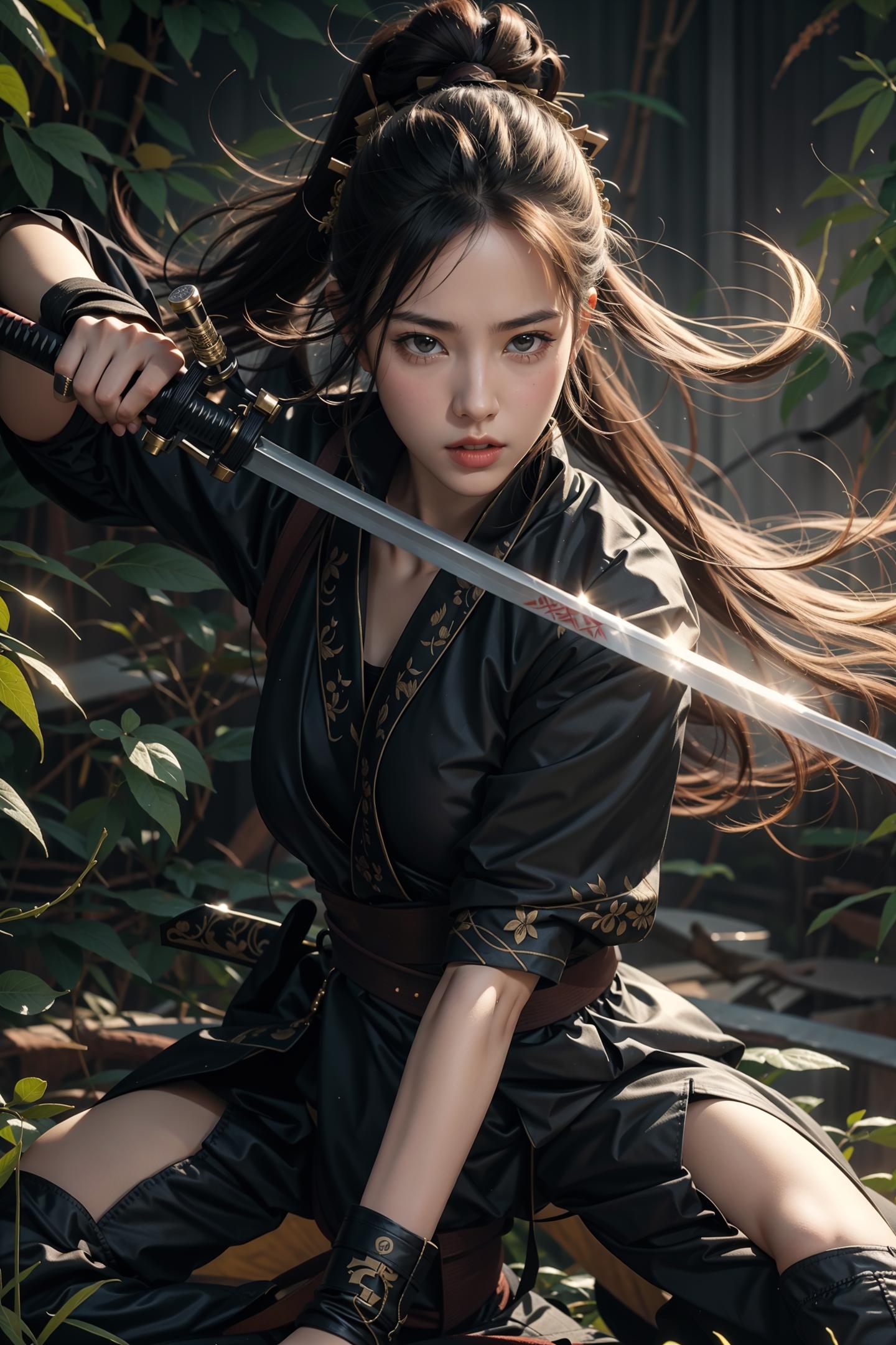 Arafed woman in black outfit holding a sword in front of a bush - SeaArt AI