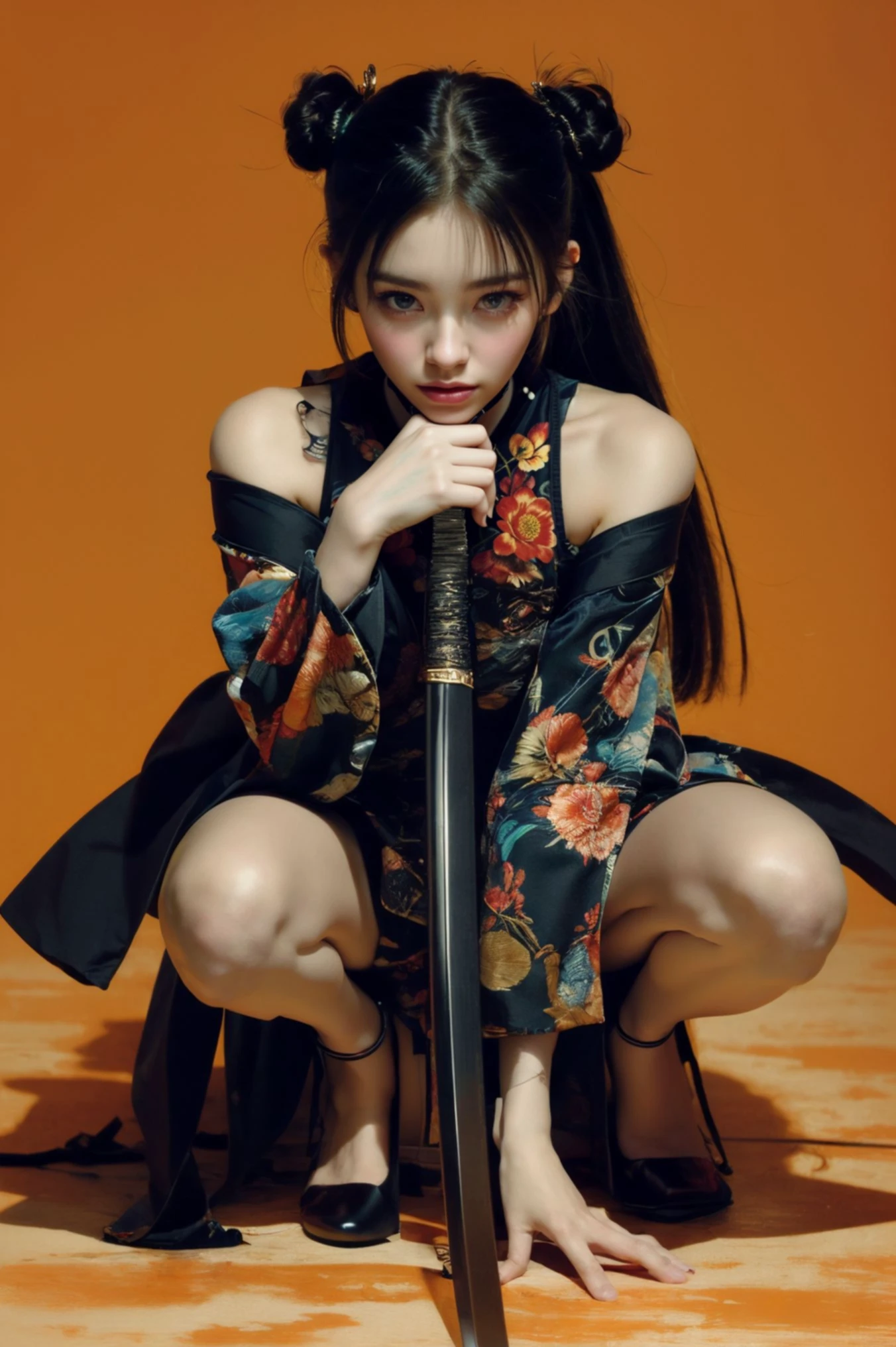 ultra high resolution,((masterpiece))),(((best quality))),((super detailed)),((extremely delicate and beautiful)),
xuer ai yazawa style girl,1girl,solo,holding,black hair,katana,holding weapon,one knee,long hair,blue eyes,looking at viewer,wide sleeves,closed mouth,
(disgust:1.3),(full body:1.4),
<lora:~Q?-kfX\YsV2 xuer ai yazawa style girl:0.8>,
