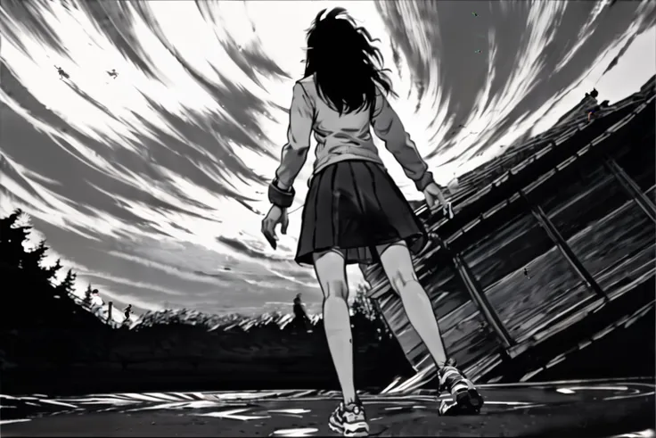 1girl, running away, (dynamic angle:1.1), from behind,  <lora:Junji_Ito_Nightmare:0.6>