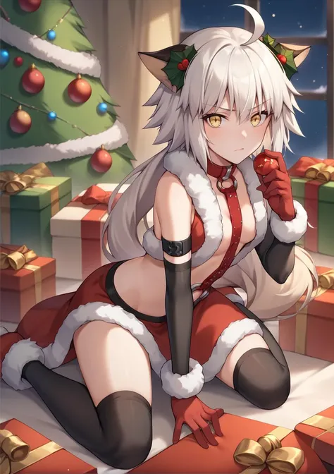 zzcloaa, jeanne d'arc alter \(fate\), white hair, short hair, ((low ponytail)), aged down, pouty, animal ears, gloves, christmas, ((small breasts)), indoors, <lora:clobeasts_ponyv1:1>, score_9, score_8_up, score_7_up, score_6_up, score_5_up, score_4_up, BREAK source_anime, masterpiece