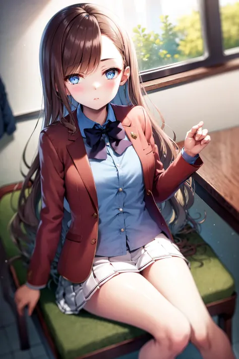 masterpiece, best quality, highres, 1girl matsushita swept bangs brown hair, white skirt red jacket blue shirt open jacket blue bowtie <lora:chiaki_matsushita:1> sitting on chair