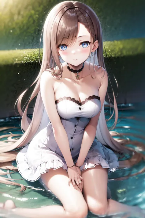 masterpiece, best quality, highres, 1girl matsushita swept bangs brown hair, strapless dress white dress standing, sitting, wariza, wading <lora:chiaki_matsushita:1>