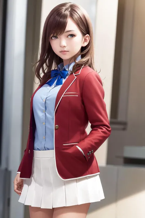 masterpiece, best quality, highres, 1girl matsushita swept bangs brown hair, white skirt red jacket blue shirt open jacket blue bowtie <lora:chiaki_matsushita:1> standing, hands in pockets, (photorealistic:1.4)