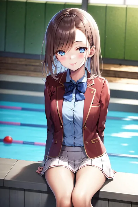 masterpiece, best quality, highres, 1girl matsushita swept bangs brown hair, white skirt red jacket blue shirt open jacket blue bowtie <lora:chiaki_matsushita:1> sitting, wadding, pool, smile