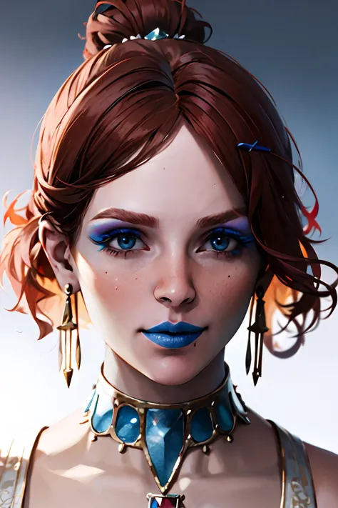 (masterpiece, best quality:1.2), 8k, high quality, high resolution, 4k, hd, (well designed face), amazing face, highly detailed, highres, hdr, extremely detailed illustration, detailed face and eyes, (super detailed), (beautiful eyes), looking at viewer, 1girl, solo, mikaelareid, <lora:mikaelareid-10:0.7>, simple background, brown hair, hair ornament, dress, cleavage, bare shoulders, jewelry, medium breasts, cowboy shot, earrings, dark skin, necklace, hair bun, nail polish, white dress, bracelet, strapless, makeup, lipstick, black background, gem, strapless dress, armlet, eyeshadow, blue nails, grey dress, blue gemstone, blue lips, blue eyeshadow,