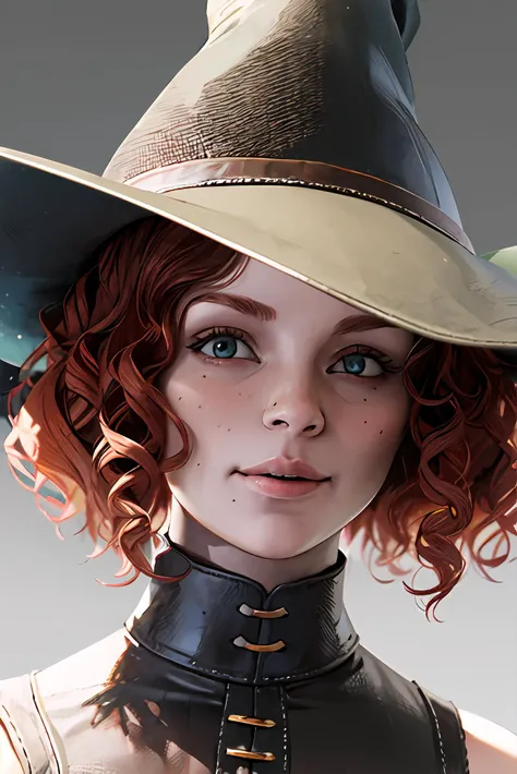 (masterpiece, best quality:1.2), 8k, high quality, high resolution, 4k, hd, (well designed face), amazing face, highly detailed, highres, hdr, extremely detailed illustration, detailed face and eyes, (super detailed), (beautiful eyes), looking at viewer, 1girl, solo, mikaelareid, <lora:mikaelareid-10:0.7>, smile, short hair, simple background, brown hair, hat, green eyes, red hair, sleeveless, black headwear, witch hat, black background, corset, halloween