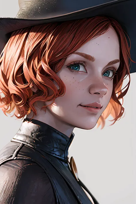 (masterpiece, best quality:1.2), 8k, high quality, high resolution, 4k, hd, (well designed face), amazing face, highly detailed, highres, hdr, extremely detailed illustration, detailed face and eyes,  (super detailed), (beautiful eyes), looking at viewer, 1girl, solo, mikaelareid, <lora:mikaelareid-10:0.7>,   smile, short hair, simple background, brown hair, hat, green eyes, red hair, sleeveless, black headwear, witch hat, black background, corset, halloween