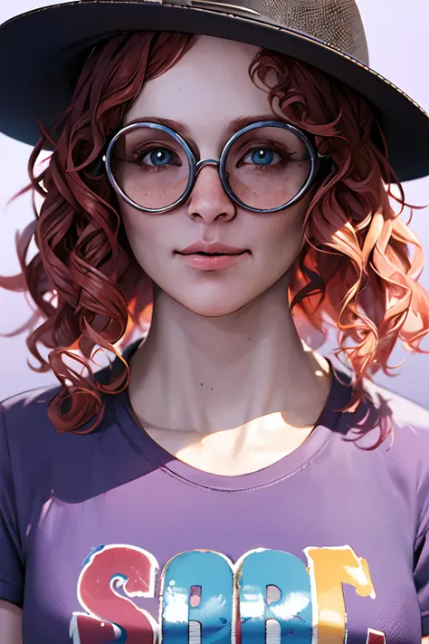 (masterpiece, best quality:1.2), 8k, high quality, high resolution, 4k, hd, (well designed face), amazing face, highly detailed, highres, hdr, extremely detailed illustration, detailed face and eyes, (super detailed), (beautiful eyes), looking at viewer, 1girl, solo, mikaelareid, <lora:mikaelareid-10:0.7>, simple background, shirt, hat, standing, short sleeves, red hair, boots, glasses, belt, pants, black footwear, black pants, t-shirt, purple background, round eyewear, purple shirt, print shirt, (upper body),