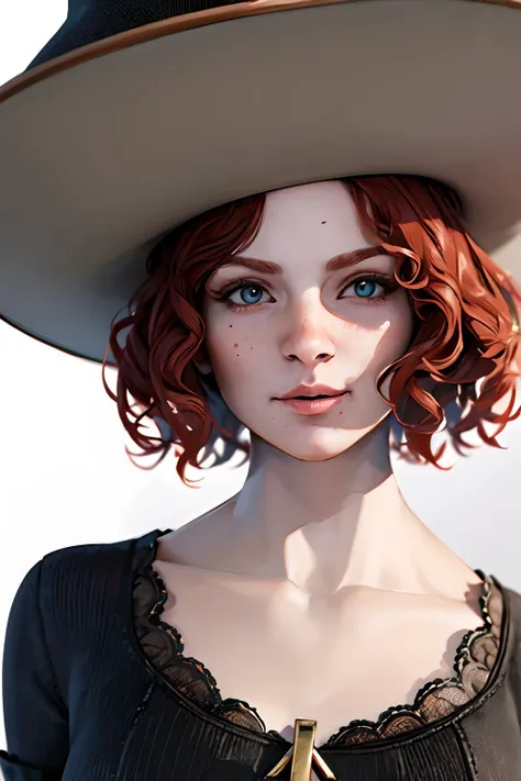(masterpiece, best quality:1.2), 8k, high quality, high resolution, 4k, hd, (well designed face), amazing face, highly detailed, highres, hdr, extremely detailed illustration, detailed face and eyes, (super detailed), (beautiful eyes), (looking at viewer:1.1), 1girl, solo, mikaelareid, <lora:mikaelareid-10:0.7>, short hair, simple background, brown hair, hat, dress, jewelry, standing, pantyhose, red hair, boots, black dress, witch hat, corset, witch, skirt, (upper body),