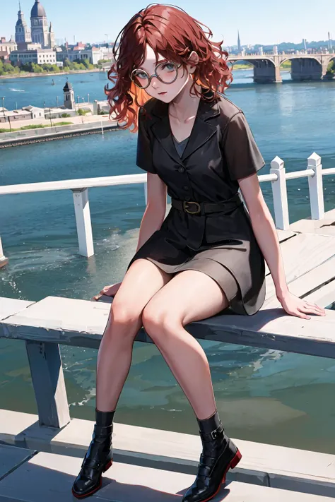 (masterpiece, best quality:1.3), 1girl, solo, wearing (round glasses:1.2), (sitting on bridge railing:1.3), river, city background, metallic bridge, <lora:mikaelareid:0.7> ,mikaelareid