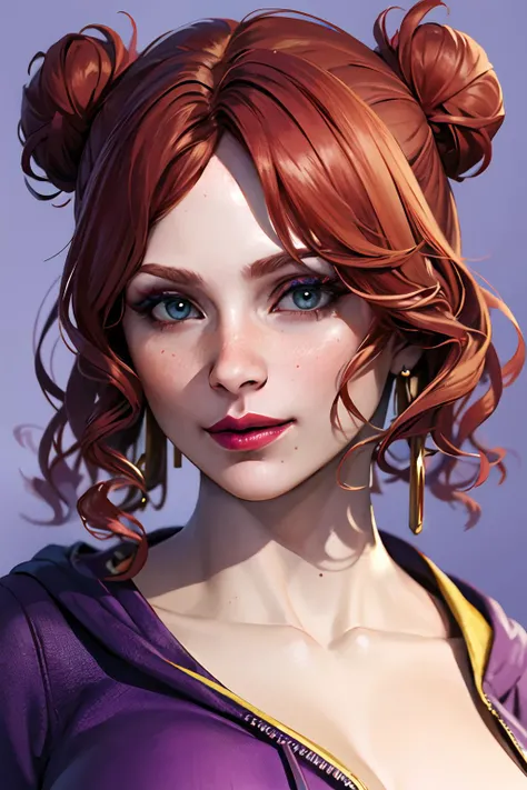 (masterpiece, best quality:1.2), 8k, high quality, high resolution, 4k, hd, (well designed face), amazing face, highly detailed, highres, hdr, extremely detailed illustration, detailed face and eyes, (super detailed), (beautiful eyes), looking at viewer, 1girl, solo, mikaelareid, <lora:mikaelareid-10:0.6>, red hair, simple background, hair ornament, thighhighs, jewelry, earrings, hood, hair bun, hoodie, makeup, single hair bun, hood down, lipstick, purple background, realistic, red lips, (purple hoodie, upper body, breasts out, nipples, huge breasts), nsfw,