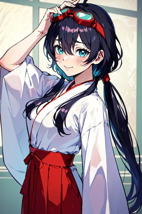 <lora:MikoFashionV2:1> miko, (goggles on head:1.3),, ultra detailed, masterpiece, best quality, aesthetic, detailed,, solo, smile, 1girl, aqua eyes, black hair, <lora:low_ponytail-1.0:0.8> low ponytail, ahoge, absurdly long hair, very long hair, hair flaps, hair between eyes, bangs, messy hair, small breasts, goggles on head,