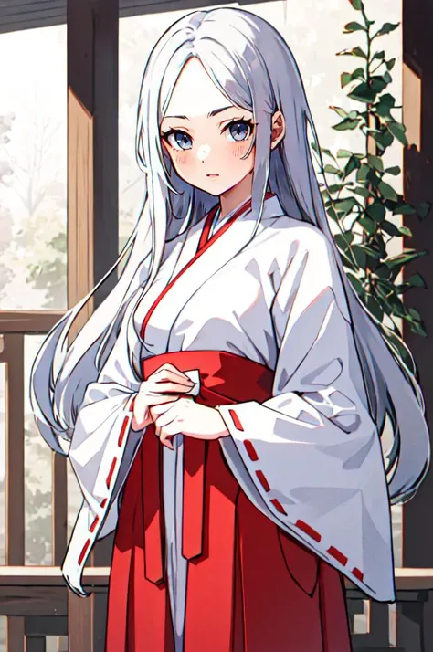 <lora:MikoFashionV2:1> miko,, ultra detailed, masterpiece, best quality, aesthetic, detailed,, serious, 1girl, (white eyes:1.1), (grey eyes:1.3), white hair, very long hair, parted hair, parted bangs, <lora:parted_hair_v1.3:1.3>, medium breasts,