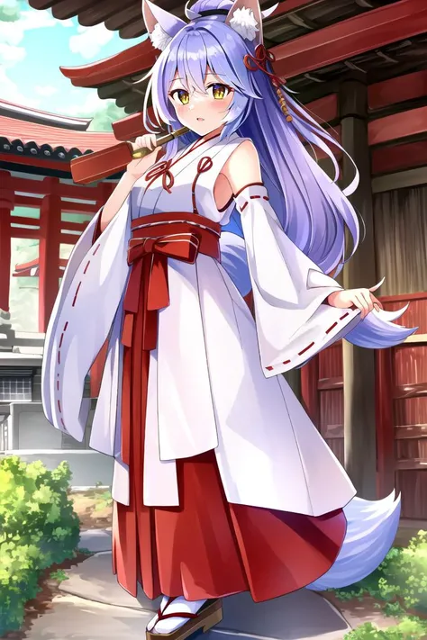 ((best quality)), ((highly detailed)), masterpiece, (detailed eyes, deep eyes), (1girl), full body, fox girl, fox ears, fox tail, amber eyes, <lora:slit-pupils:1>, snake eyes, (Rosewood) hair, <lora:MikoFashionV2:1>, miko, detached sleeves, outside, at a Japanese shrine