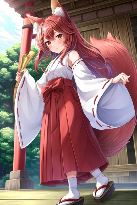 ((best quality)), ((highly detailed)), masterpiece, (detailed eyes, deep eyes), (1girl), full body, <lora:hairdetailer:.7>, fox girl, fox ears, fox tail, red eyes, <lora:slit-pupils:1>, snake eyes, (Red) hair, <lora:MikoFashionV2:.9>, miko, detached sleeves, outside, at a Japanese shrine