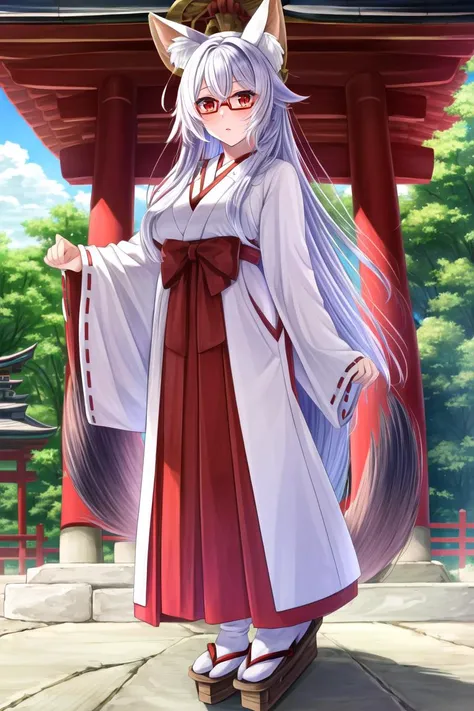 ((best quality)), ((highly detailed)), masterpiece, (detailed eyes, deep eyes), (1girl), (glasses), full body, <lora:hairdetailer:.8>, kyuubi, multiple tails, 9 tails, MILF, large breasts, cleavage, fox ears, fox tail, red eyes, <lora:slit-pupils:1>, snake eyes, (Linen white) hair, <lora:MikoFashionV2:1>, miko, long sleeves, outside, at a Japanese shrine