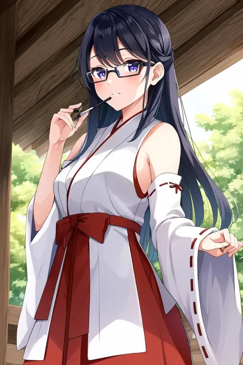 ((best quality)), ((highly detailed)), masterpiece, (detailed eyes, deep eyes), (1girl), (glasses), cowboy shot, <lora:MikoFashionV2:.9>, miko, detached sleeves