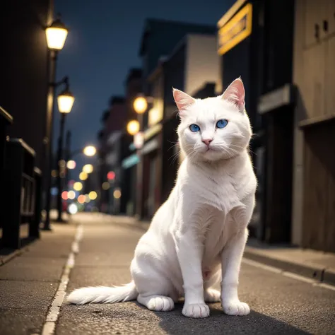 masterpiece, absurdres, high quality, realistic,
white cat looking at viewer, sad eyes,
street alley, street lights, night,
20 megapixel, detailed, movie grain
