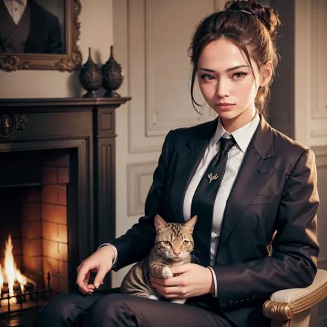 masterpiece, absurdres, high quality, realistic,
1girl, holding a cat, hair bun, mafia, suit and tie, pants, evil grin, standing,
indoors, fireplace,